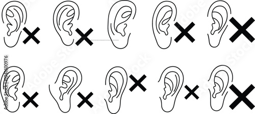 Ear Hearing Disabled Icon Set with No Sound Symbols for Mute Audio, Hearing Loss Awareness, Accessibility Signs, and Communication Interface Design