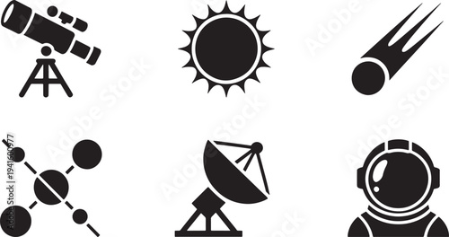 Space icons with telescope, sun, comet, planet system, satellite and astronaut on transparent background