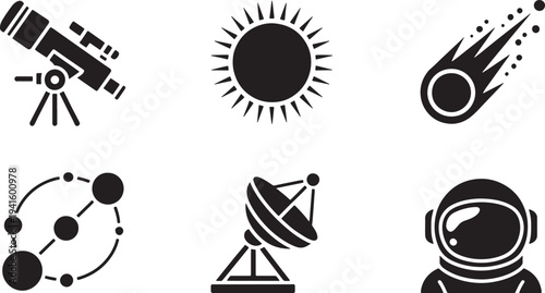 Space icons with telescope, sun, comet, planet, satellite and astronaut on transparent background