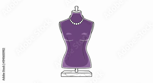 A purple mannequin displays a pearl necklace on a marble stand