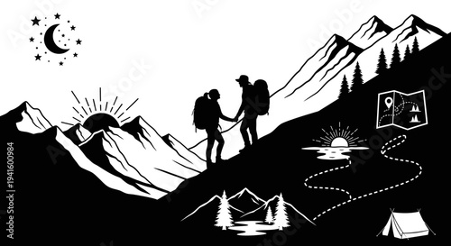 Couple hiking mountain peak under sunrise or sunset outdoors adventure