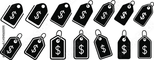 Price Tag Icon Set with Dollar Symbols for Retail Sale Labels, Shopping Discounts, Product Pricing, Store Promotions, and E Commerce Marketing Design