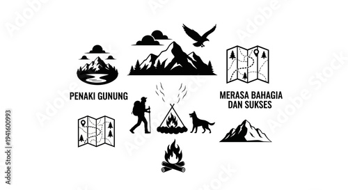 Conceptual illustration of mountain hiking camping adventure with icons