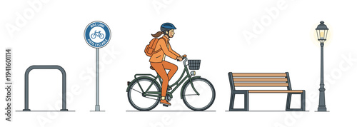 Person riding a bicycle along an urban street, passing a bike lane sign, a sturdy bike rack, a comfortable park bench, and a classic street lamp.