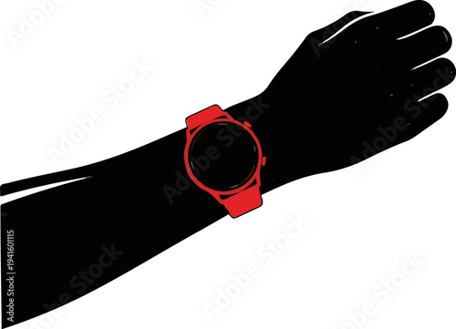 A silhouette of an arm wearing a bright red digital watch