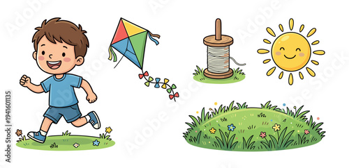 Happy boy runs joyfully alongside a colorful kite, a smiling sun, and green grass, depicting a delightful scene of outdoor childhood fun.