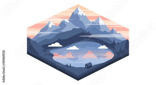 Geometric mountain landscape illustration with lake and clouds outdoors concept