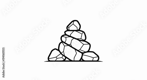 A minimalist black and white line drawing of a balanced cairn of stones