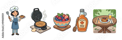 Delicious waffle breakfast elements are beautifully illustrated for a delightful morning meal, showcasing a chef, waffle maker, fresh berries, and maple syrup.