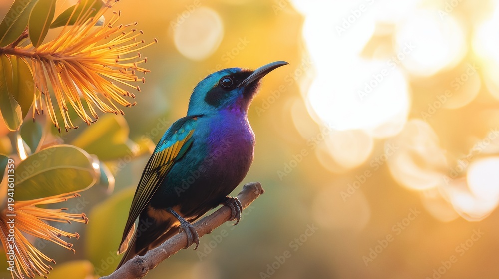 Obraz premium Iridescent sunbird perching on a branch, looking up towards the bright sunlight with bokeh background and blooming flower