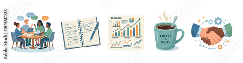 Collection of business concept icons showing a team meeting, planning notebook, growth charts, a coffee cup for ideas, and a partnership handshake in a flat vector style