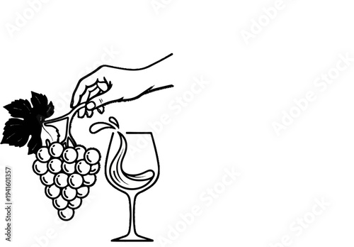 A hand plucks grapes, with liquid splashing into a wine glass
