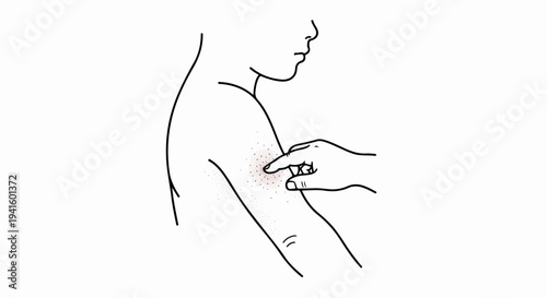 A hand points to a rash on a person's arm, indicating a skin concern