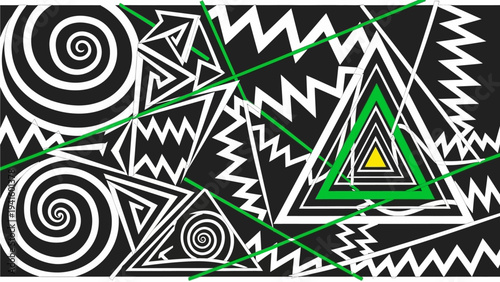Vibrant and dynamic abstract geometric pattern with a powerful zigzag shape at its core, featuring energetic lines in yellow, green, and white on a striking dark background