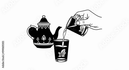 A hand pours tea from a decorative pot into a glass