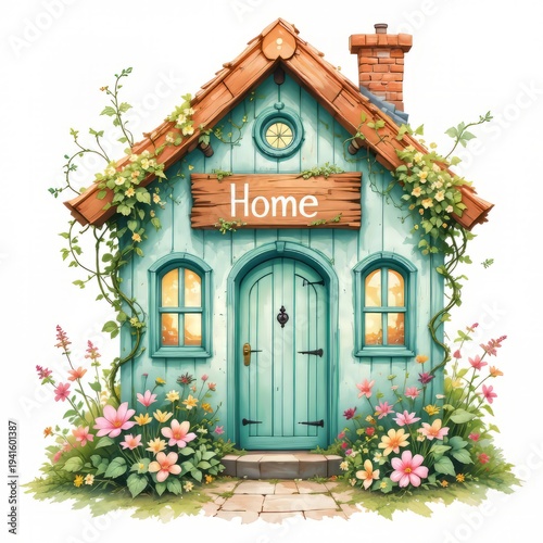 Spring Cottage Watercolor Clipart: Cute Home Illustration with Pastel Flowers & Vines, Mint Green & Terracotta, Isolated on White