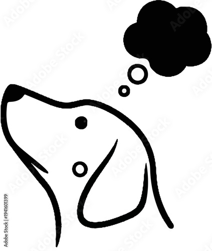 A simple black and white outline drawing of a dog's head with a thought bubble