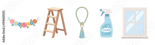 Set of household objects for cleaning and decorating, including a flower garland, step ladder, rope tieback, spray cleaner, and window, shown in a simple, flat cartoon illustration style