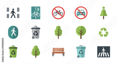 Set of urban and environmental flat icons including traffic signs recycling bins park bench and trees.
