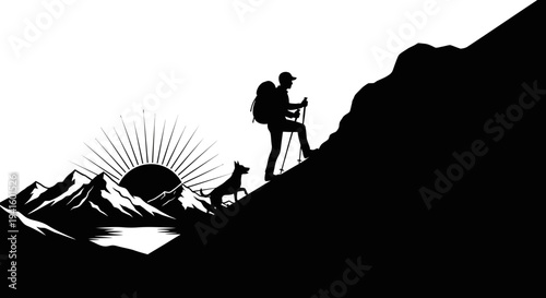Hiker and dog climb mountain silhouette at sunset adventure concept