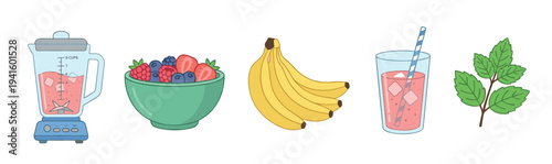 Set of smoothie making ingredients and equipment including a blender, bowl of berries, bananas, a finished drink in a glass, and fresh mint leaves in a flat illustration style