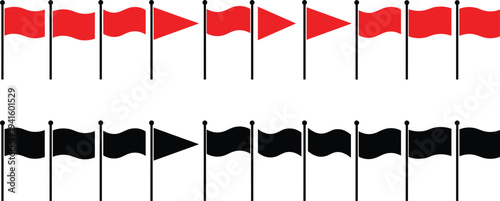 Flag Icon Set Featuring Waving and Triangular Flags on Poles in Red and Black for Markers, Navigation, and Map Design