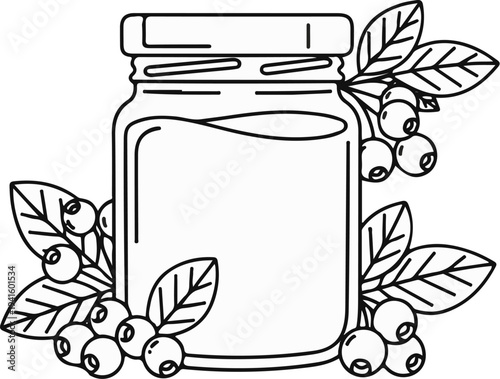 A line art illustration of a glass jar filled with liquid, surrounded by blueberry branches