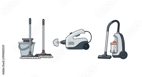 Cleaning Equipment Set: Mop Bucket Steam Cleaner and Vacuum Cleaner.