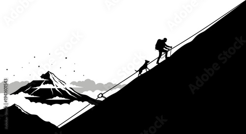 Hiker and dog ascending mountain slope silhouetted against white sky