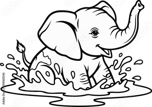 A joyful, cartoon-style elephant splashes playfully in the water, with its trunk raised