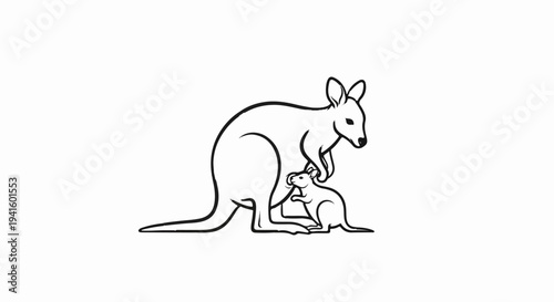 A line art illustration of a kangaroo with a joey in its pouch