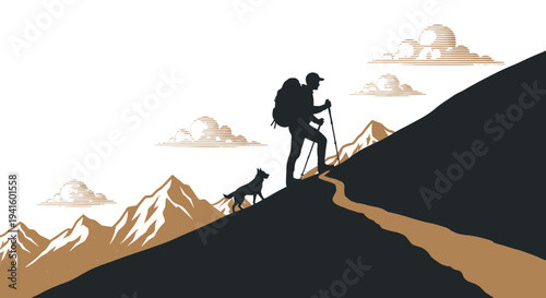 Hiker and dog ascending mountain silhouette under cloudy sky