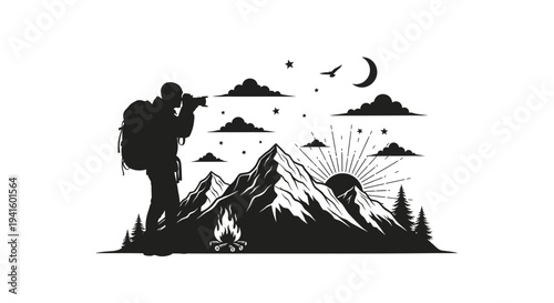 Hiker and dog enjoy scenic mountain view at campsite silhouette