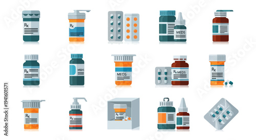 Collection of Various Pharmaceutical Products and Medication Containers.