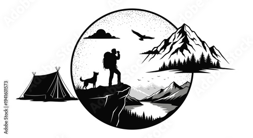 Hiker and dog enjoy scenic mountain vista adventure nature illustration