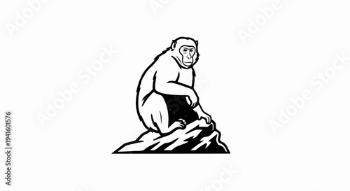 A simple black and white sketch of a primate sitting on a rocky outcrop