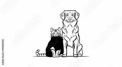 A line drawing features a cat next to a dog on a white background