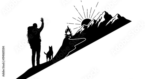 Hiker and dog enjoy sunset view on mountain trail vector illustration