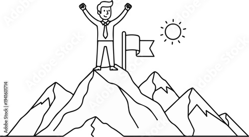 A man in a suit stands on a mountain peak with his arms raised in triumph