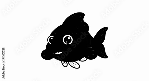 A simple black cartoon fish with large, expressive eyes and a small smile