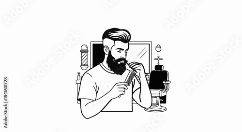 A man with a beard combs his mustache in a barber shop setting