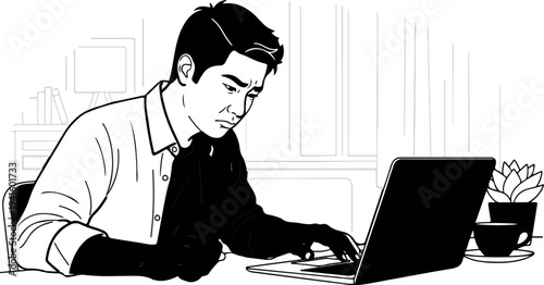 A man thoughtfully works on his laptop with a plant and coffee nearby