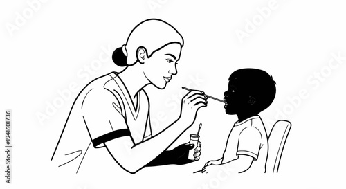 A medical professional performs a throat swab on a child