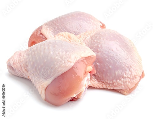 Three raw chicken thighs, skin-on, stacked and isolated on white. Ready for cooking
