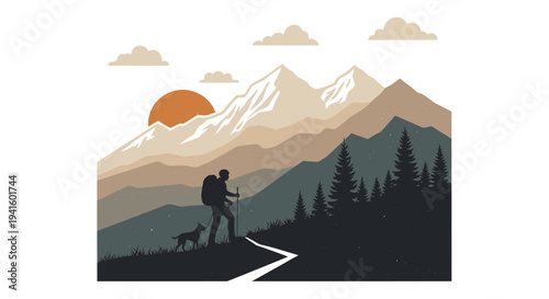 Hiker and dog explore mountain path at sunset with scenic view illustration