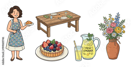 Delicious food and drink items are beautifully arranged for a delightful outdoor picnic or a cozy brunch gathering, featuring a woman, a berry tart, fresh lemonade, and a vibrant flower bouquet.