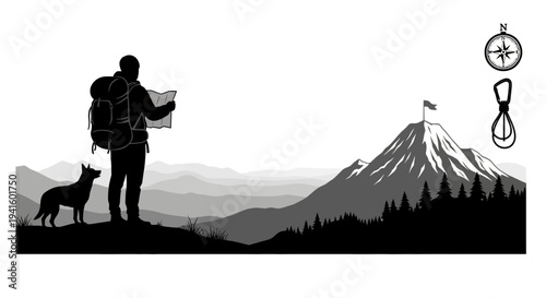 Hiker and dog observe mountain landscape with compass and carabiner elements
