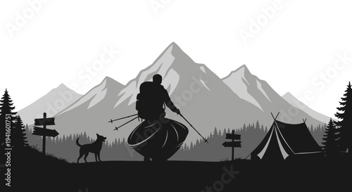 Hiker and dog explore mountain landscape near tent in black and white silhouette