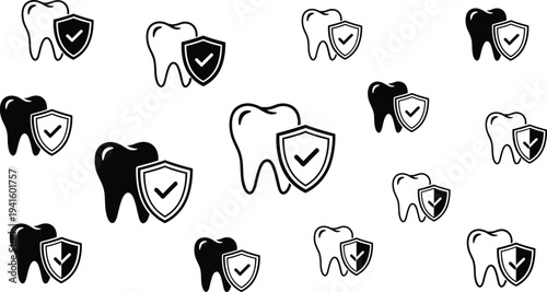 Dental Protection Tooth Icon Set with Shield Check Symbol for Oral Hygiene, Dentist Care, Medical Safety, Insurance Protection, and Healthcare Vector Design