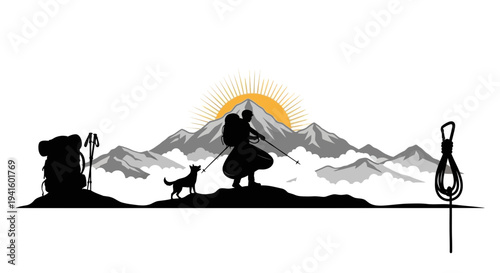 Hiker and dog on mountain silhouette with gear and sunrise vector illustration
